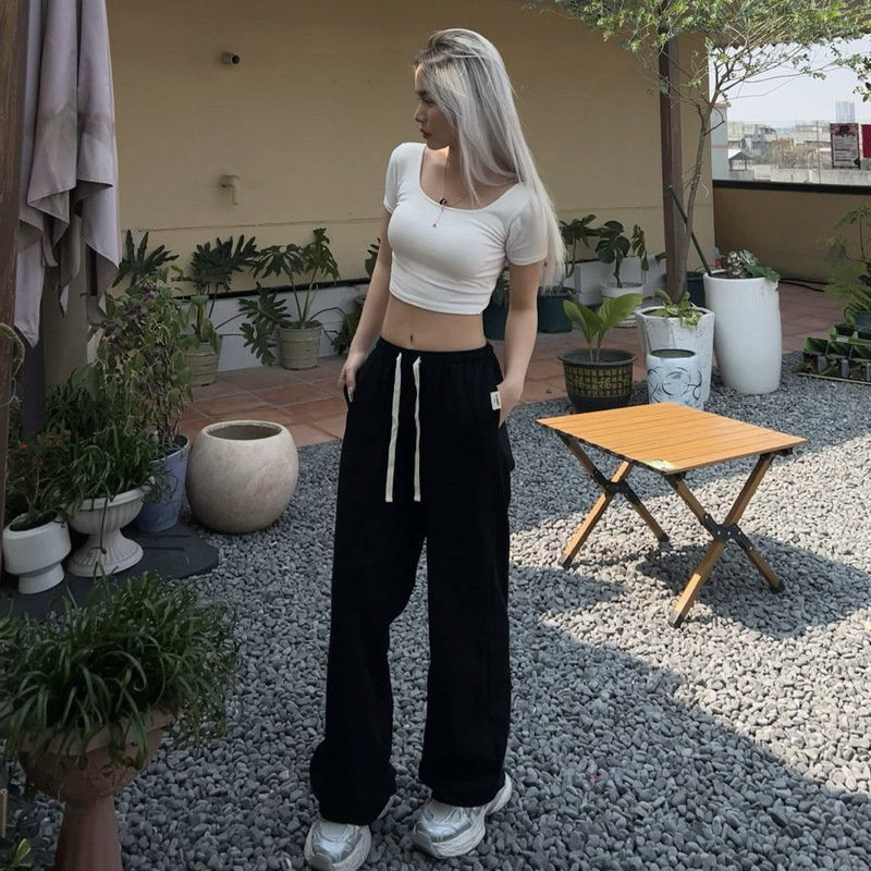 Glowny Embroidered Drawstring Basic Casual Pants Lee Yuli Slimming Straight Wide-Leg Elastic Waist Loose Sweatpants