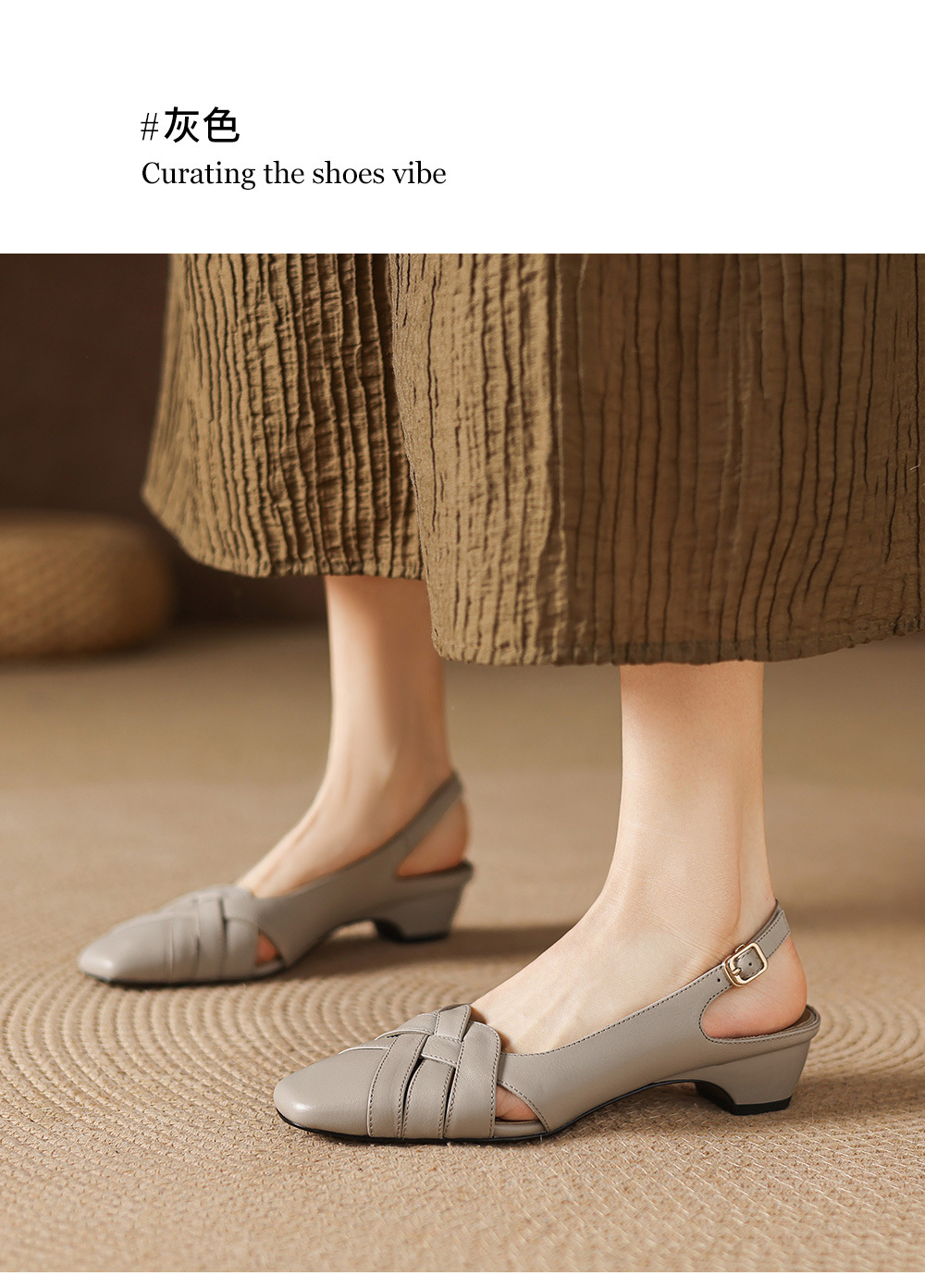 Sandal nữ da cừu mũi nhọn quai ngang gót vuông 6 cm — đen chi tiết 14
