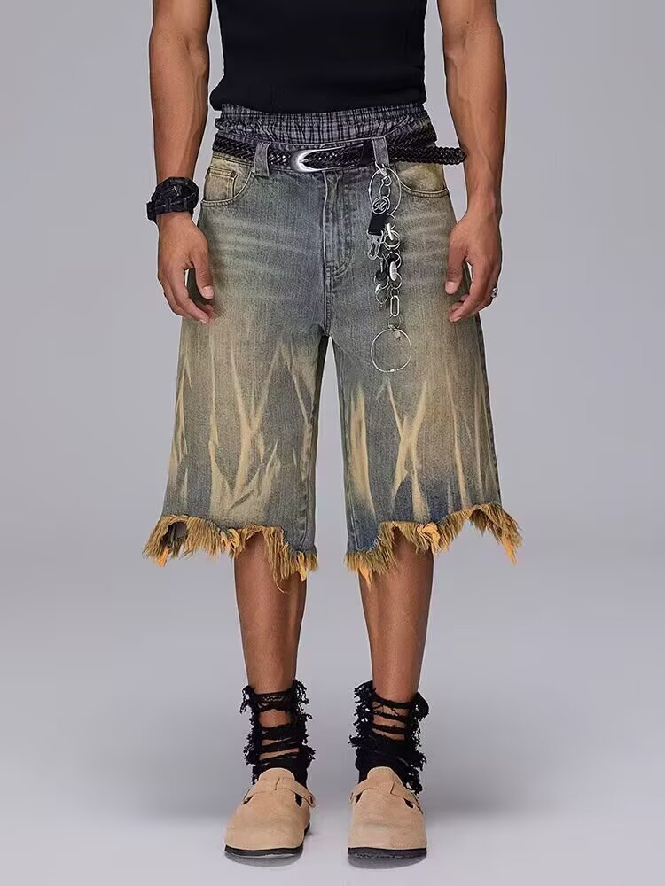 Men's And Women's Trendy Brand Dyed Yellow Mud Washed Distressed Denim Shorts Loose Five Point Style_mkmklike.com