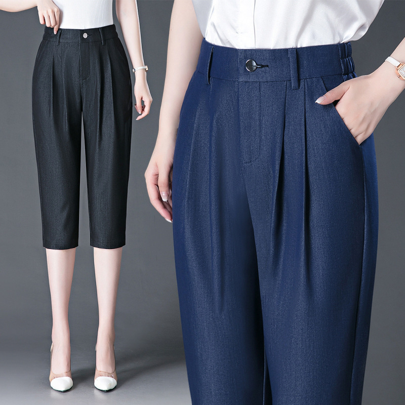 Dark Jeans Women's Summer Thin Imitation Tencel Ice Silk Breathable Cropped Harem Pants for Middle-aged Mothers Loose Casual