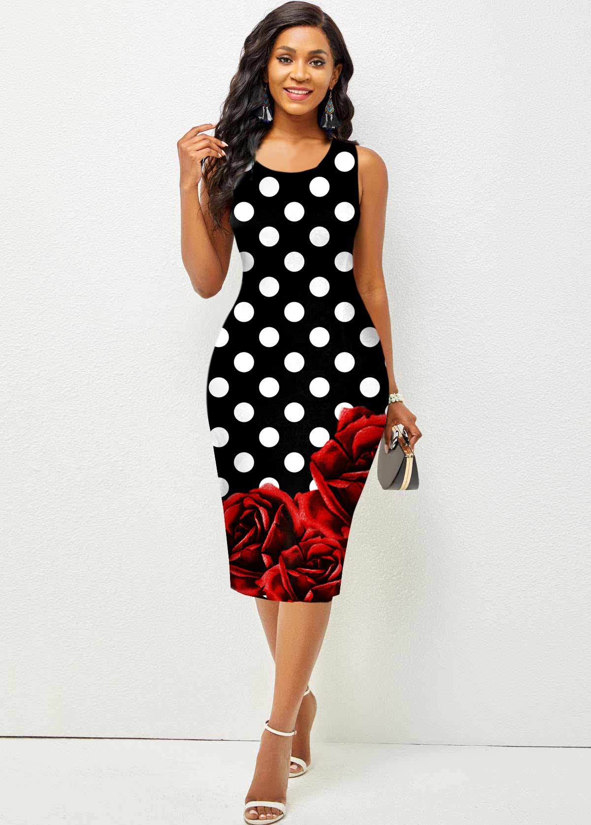 Elegant Printing Round Neck Sleeveless Printing Chain Dresses Midi Dress Pencil Skirt