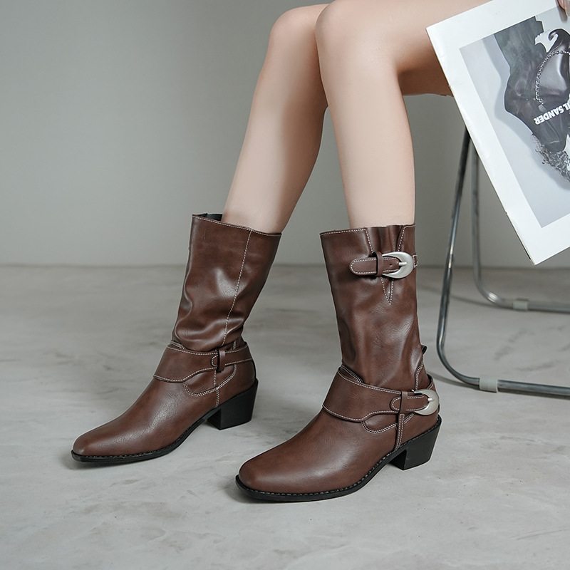 Cowhide Version ~ Su Yinyin's Same Style British Square Toe Metal Buckle Thick Heel Western Short Boots Women's Chelsea Boots