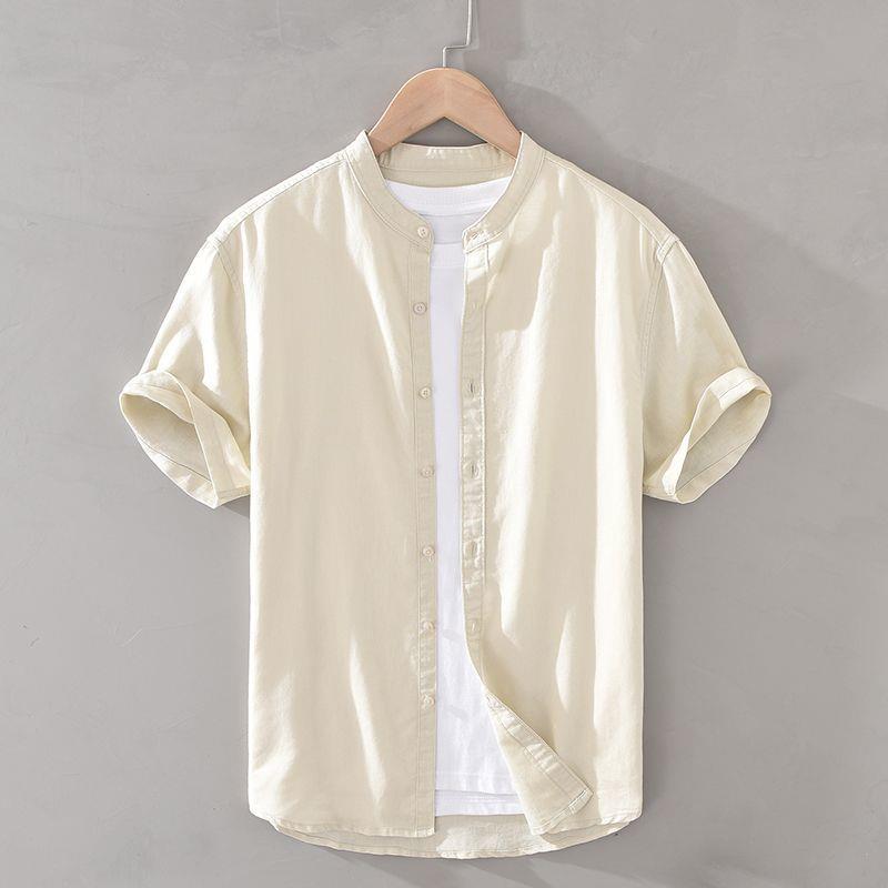 Camisa de algodón y lino de manga corta con cuello alto básico de verano japonés Camisa blanca de lino suelta fresca y delgada para hombre