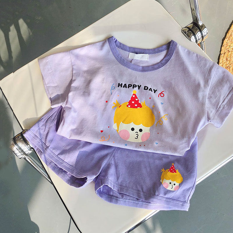 女童可愛套裝2021夏季新款女寶寶卡通印花短袖T恤+短褲小童兩件套