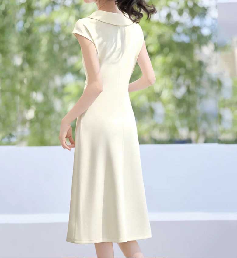 Đầm búp bê cổ ve xếp li eo thắt dây tay ngắn dáng dài — màu trắng ngà chi tiết 4