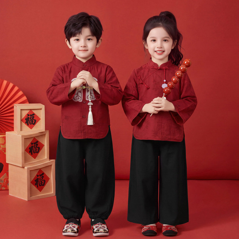 Spring and autumn red Hanfu set, sibling outfits, kindergarten uniform, traditional costume for poetry recitations, New Year's performance attire, available for drop shipping