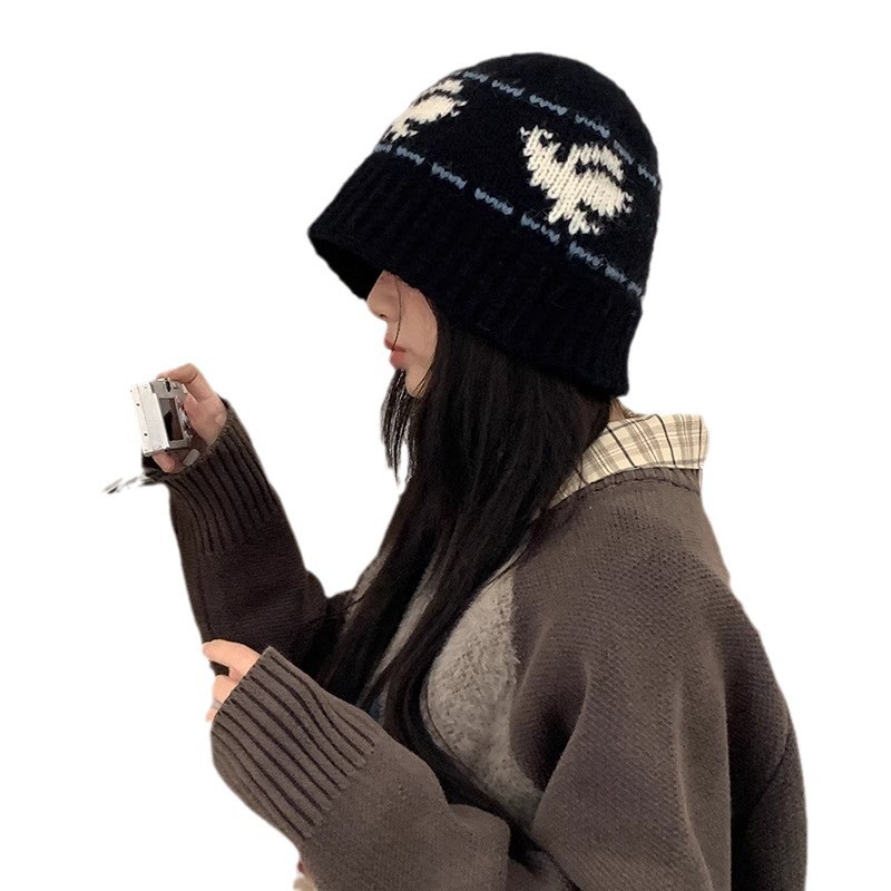 Schwarzer Retro-Strickhut für Damen, Winter, koreanischer Stil, vielseitig, gesichtsschlankmachend, dick gefüttert, warm_voghion.com