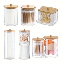 1个装 棉垫收纳盒，浴室化妆品收纳盒 带竹制盖子的梳妆台储物罐