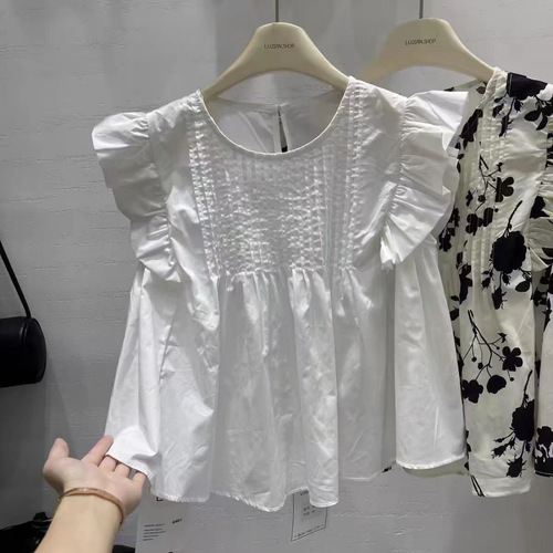 2025 Sweet Short-Sleeve Top Flying Sleeve Shirt Summer French Unique Loose Slimming Babydoll