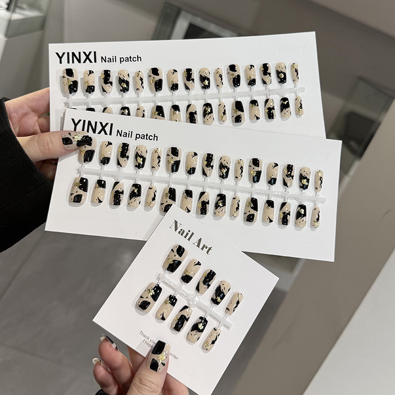 预制甲墨白金箔精品穿戴式美甲中方黑白泼墨简约随性网红假指甲贴|undefined