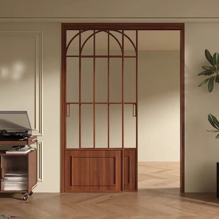French Retro Black Walnut Wood Grain Color Sliding Door Kitchen Hanging Rail Door Linkage Door French Retro Black Walnut Wood Grain Color Sliding Door Kitchen Hanging Rail Door Linkage Door