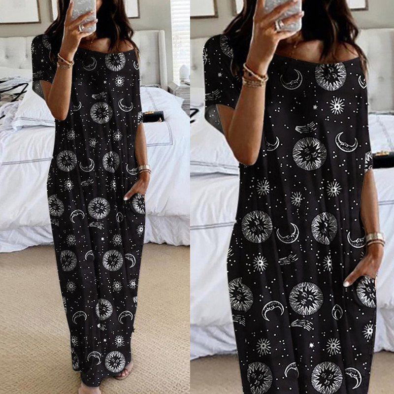 2020 Amazon European and American Explosions Women's Butterfly Printed Short Sleeve Long Solid Color Dress Home Clothes 2020 Amazon European and American Explosions Women's Butterfly Printed Short Sleeve Long Solid Color Dress Home Clothes