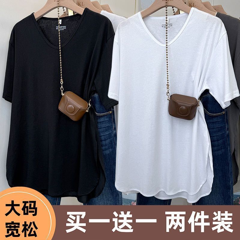 シングル/ツーピース大きいサイズルーズミドル丈Vネック半袖Tシャツ女性用2025夏新作ファットMMカバートップ|undefined