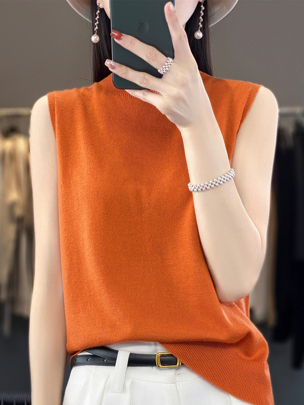 Worsted Wool Semi-High Neck Flat Solid Color Sleeveless Base Loose Casual Basic First-Line Garment Knitted Vest