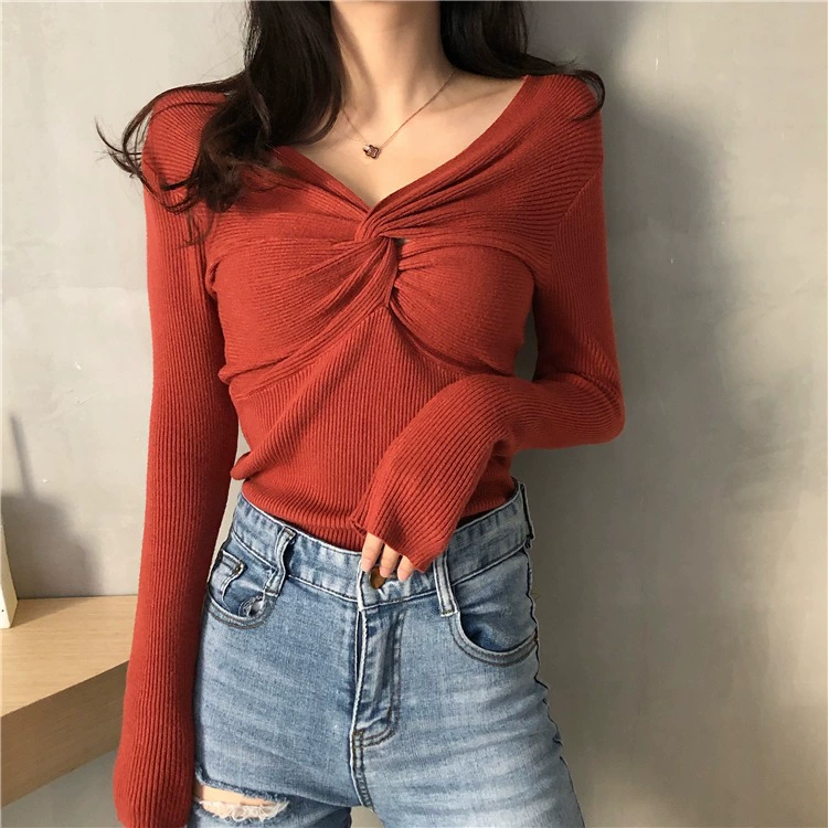 Стильный женский свитер с перекрестным узлом и V-образным вырезом, с длинными рукавами, новинка осени 2025, облегающий вязаный топ для женщин