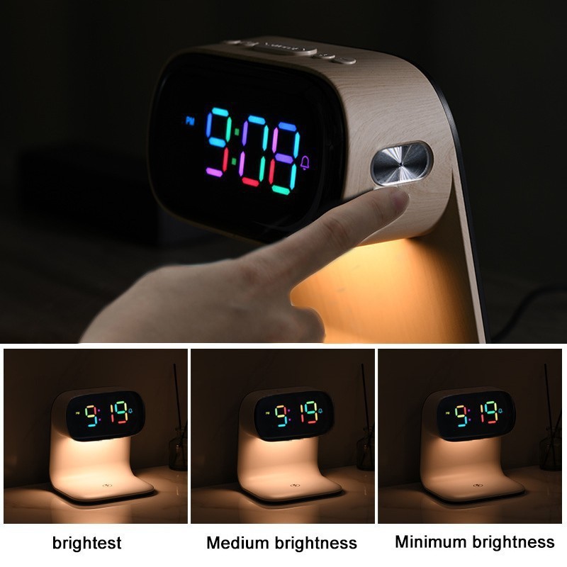 Creativa pantalla grande madera inalámbrica carga luz nocturna reloj escritorio simple cabecera despertador silencioso decoración del dormitorio luz de atmósfera