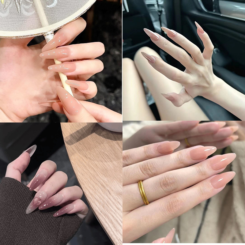 Hua Fei series nude ice transparent gentle almond hand-worn armour finished high-grade niche nail patch long