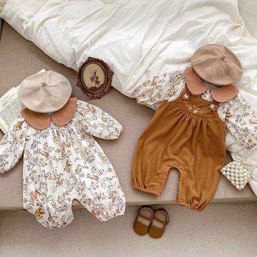 Spring 2024 INS Baby Bodysuit for Boys and Girls, Korean Style Printed Long Sleeve Climbing Reverse Collar Pull-on Pajama with Diaper Belt