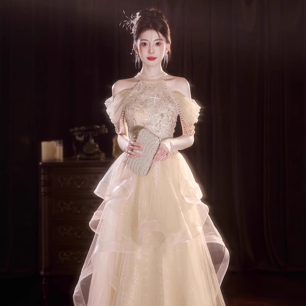 Champagne-Colored Elegant Long Evening Dress for Women, Halter-Style Dress for Hosting, Student Adult Ceremony, Fairy-Like Tulle Dress
