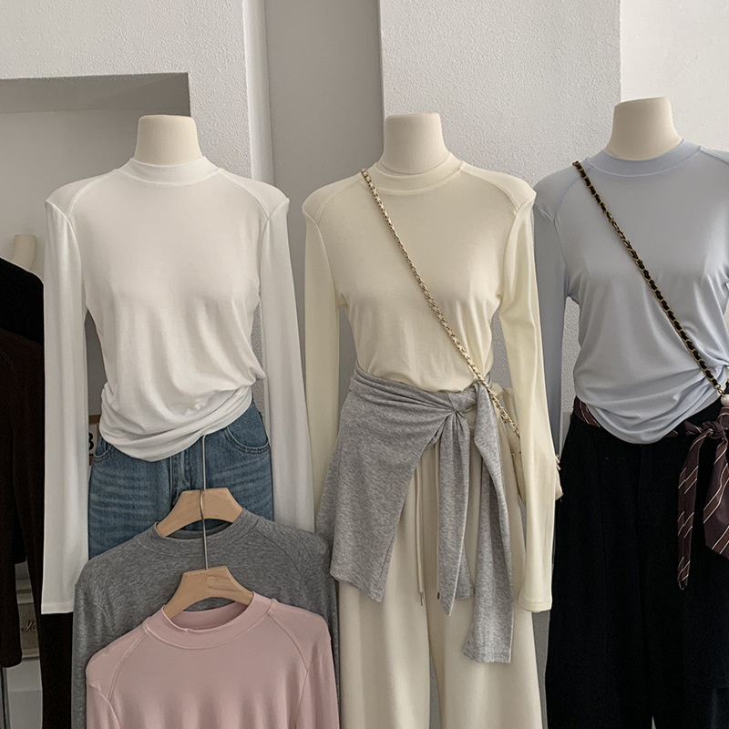 欧玛莱 小立领羊绒莱赛尔天丝薄款纯色长袖内搭打底衫T恤上衣5092