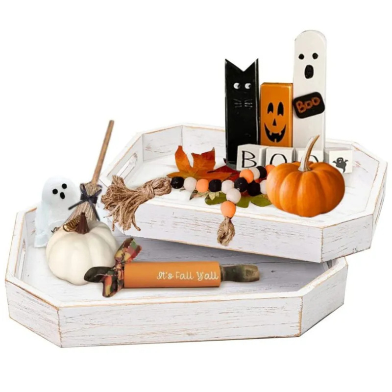 Halloween Themed White Wooden Tray Two-Piece Set with Beveled Edge Solid Wood Tea Tray Dinner Plate Farmhouse Coffee Tray