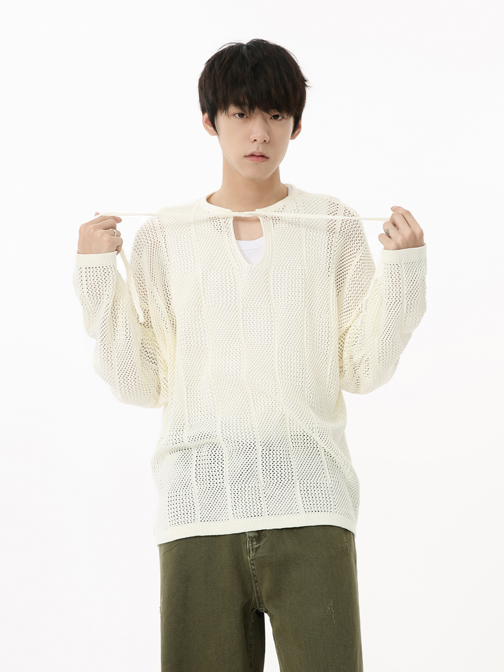 MTLCLOTHES Hombres| 2024 otoño nuevos productos coreanos perezosos sueltos agujeros delgados camisa de punto de manga larga moda