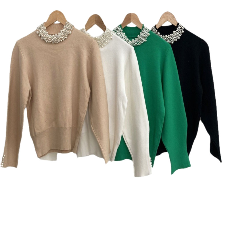 Suéter de manga larga para mujer, estilo chic coreano retro, cuello medio alto con perlas, holgado y versátil image 5
