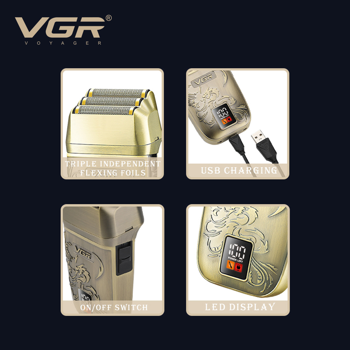 VGR349 Retro Style Reciprocating Shaver Cross Border Rechargeable Electric Shaver for Home Use Whitening And Brightening_voghion.com