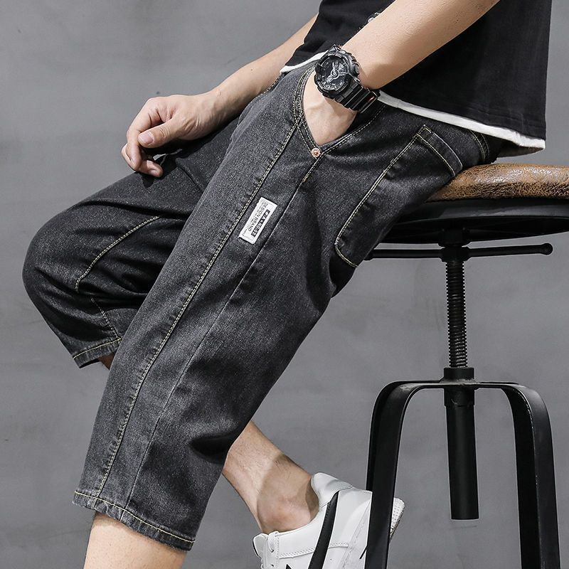 Summer Thin Cropped Jeans Men's Trendy Loose Straight Simple Casual Korean Style Trendy Brand Cropped Short Pants Black Summer Thin Cropped Jeans Men's Trendy Loose Straight Simple Casual Korean Style Trendy Brand Cropped Short Pants Black