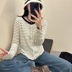 条纹针织开衫女薄款2025秋季新款宽松百搭小个子毛衣外套短款上衣