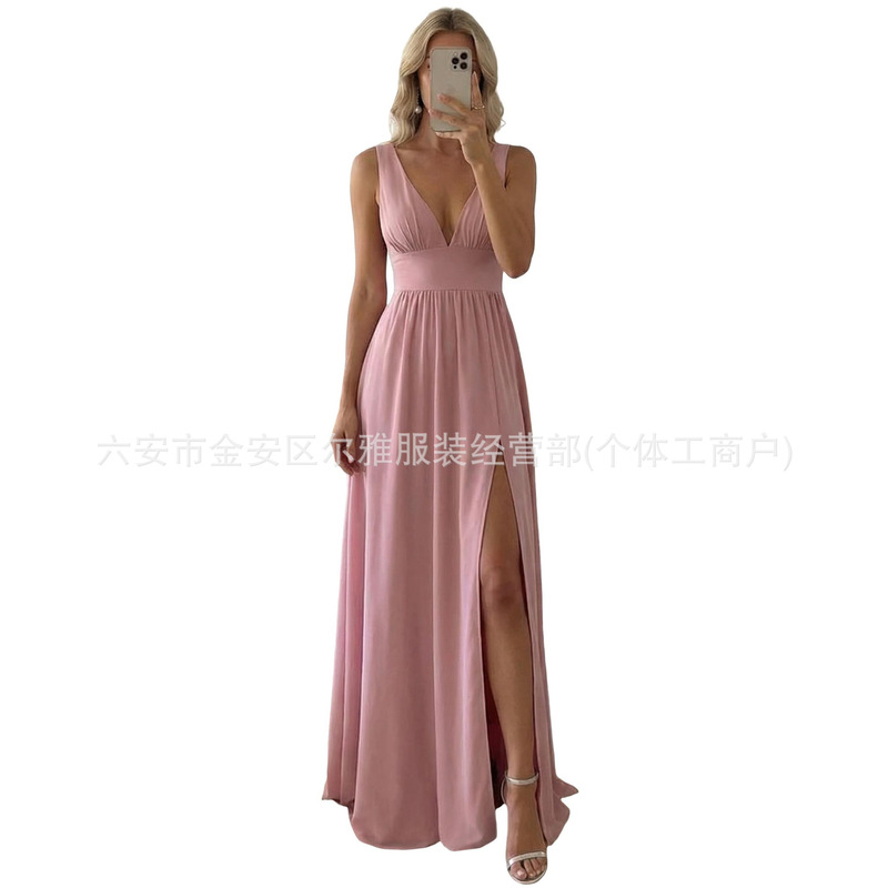 Cross-Border Women's V-Neck Ball Gown, Sleeveless Side Slit Formal Dress, Floor-Length Bridesmaid Wedding Guest Dress