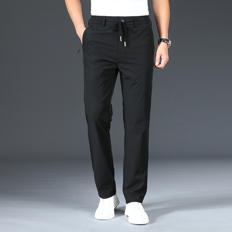 夏季新款男士松紧腰弹力休闲裤冰丝薄款直筒长裤透气宽松运动裤男