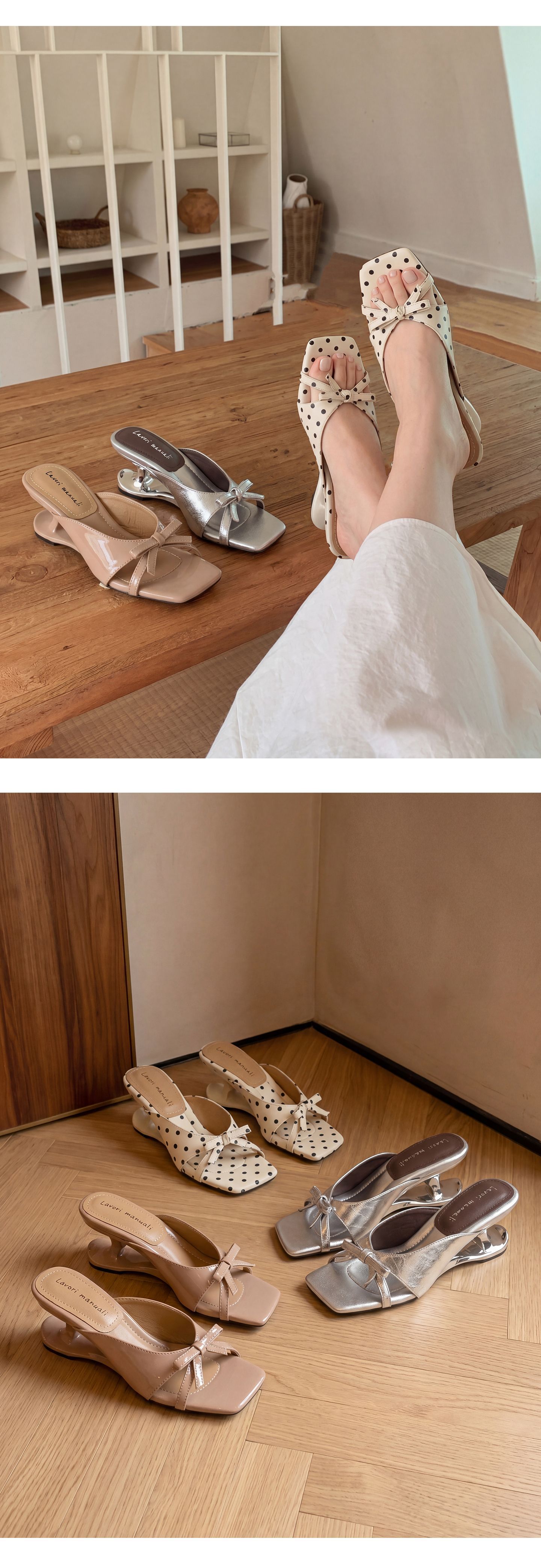 Sandal cao gót nữ mũi vuông da cừu nơ bướm đế mềm — Trần truồng hồng, Trắng chấm bi, bạc chi tiết 17