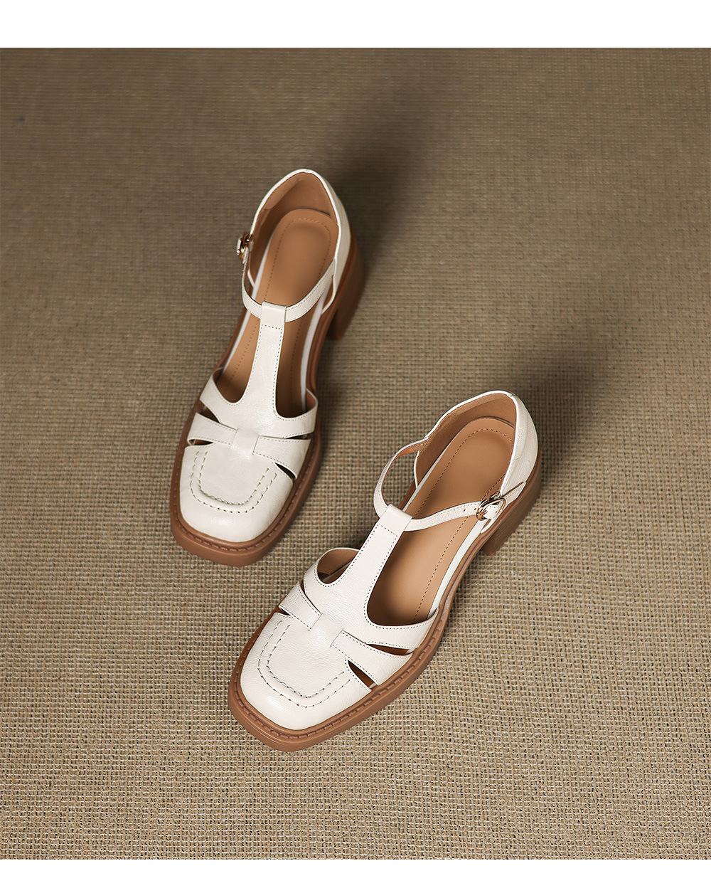 Sandal nữ quai hậu da thật dệt kiểu retro, gót dày, mũi nhọn, đế mềm — Màu trắng nhạt chi tiết 14