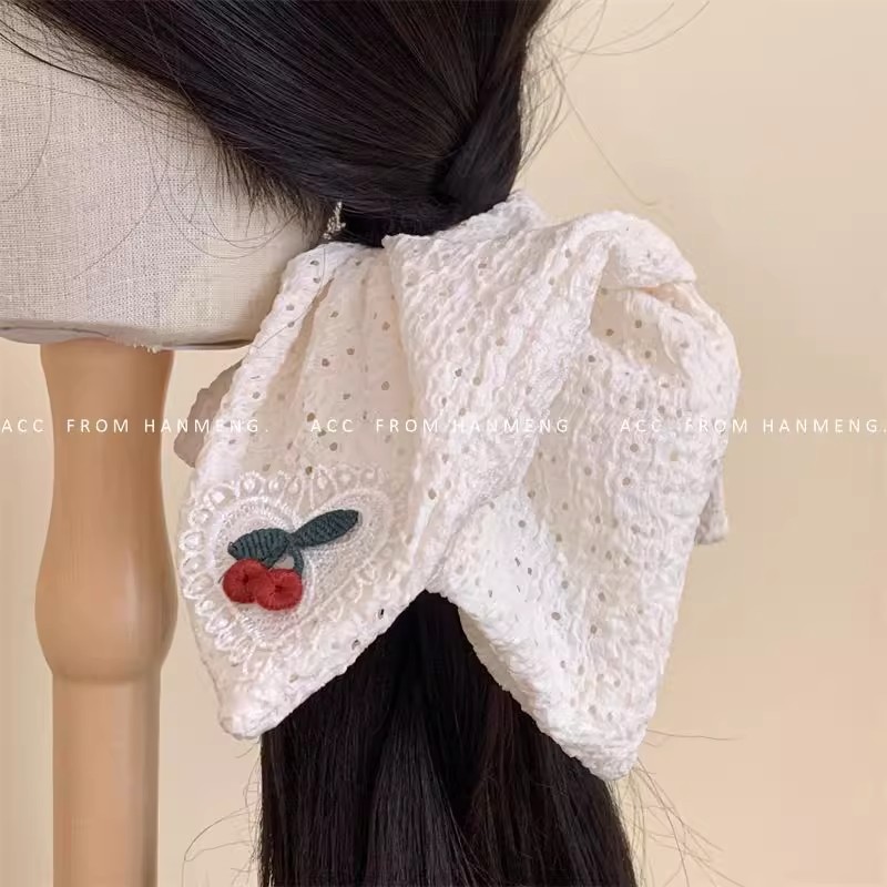 Hecha a mano encaje amor cereza blanco hueco toalla cuadrada intestino grueso anillo de cabello dulce chica corazón de cola de caballo correa cuerda de cabeza