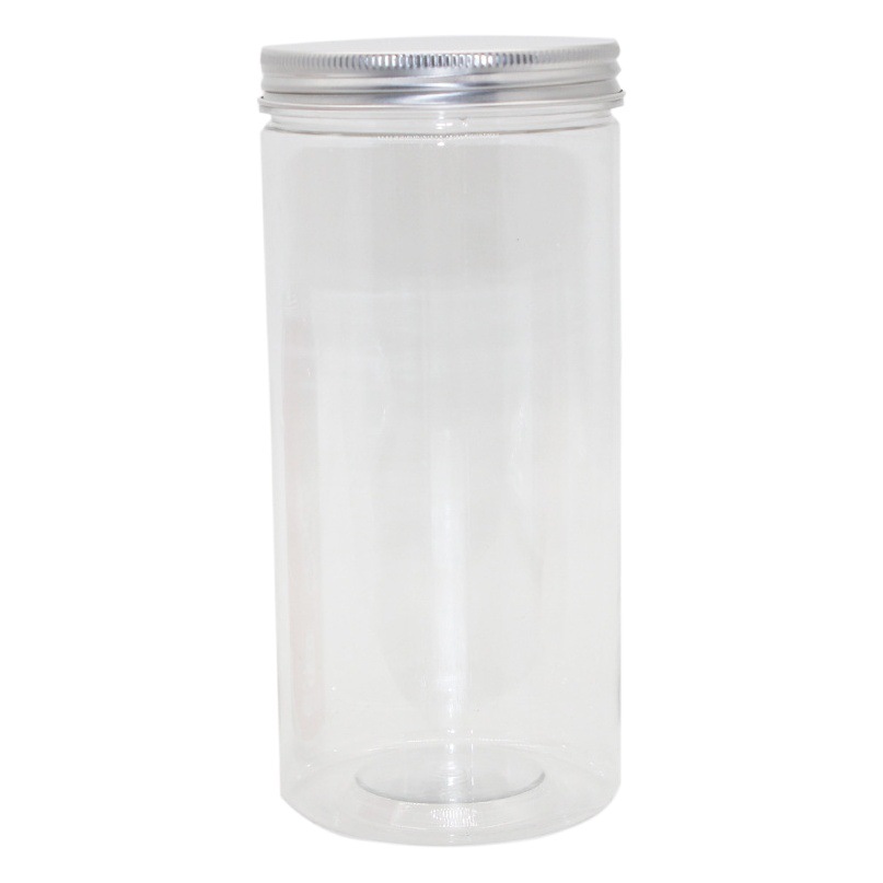 En stock 85 especificación cubierta de aluminio frasco de plástico transparente frasco de almacenamiento de plástico granos frasco de almacenamiento de botella sellada