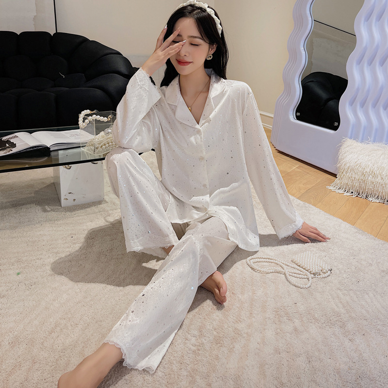Ice silk pajamas women autumn and winter New long sleeve lapel cardigan suit live burst star sequin home clothing wholesale Ice silk pajamas women autumn and winter New long sleeve lapel cardigan suit live burst star sequin home clothing wholesale