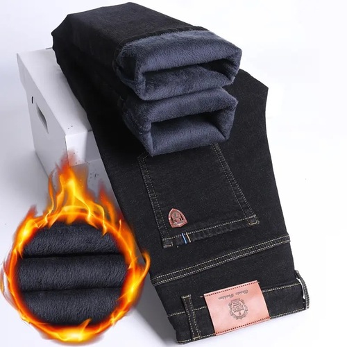 New Tang Denim Winter Fleece-Lined, Thickened Men's Straight-Style Stretchy, Warm Cotton Business-Style Men's Denim Long Pants with High Elasticity
