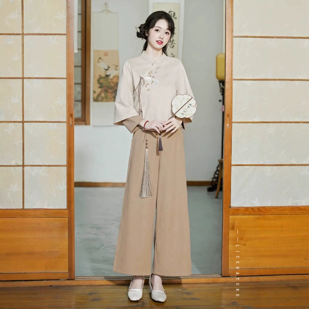Китайская Республика темперамент, широкие брюки, китайские повседневные чайные костюмы из двух частей