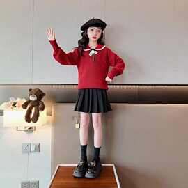 女童针织毛衣秋冬新款中大童洋气娃娃领套头上衣小女孩韩系针织衫