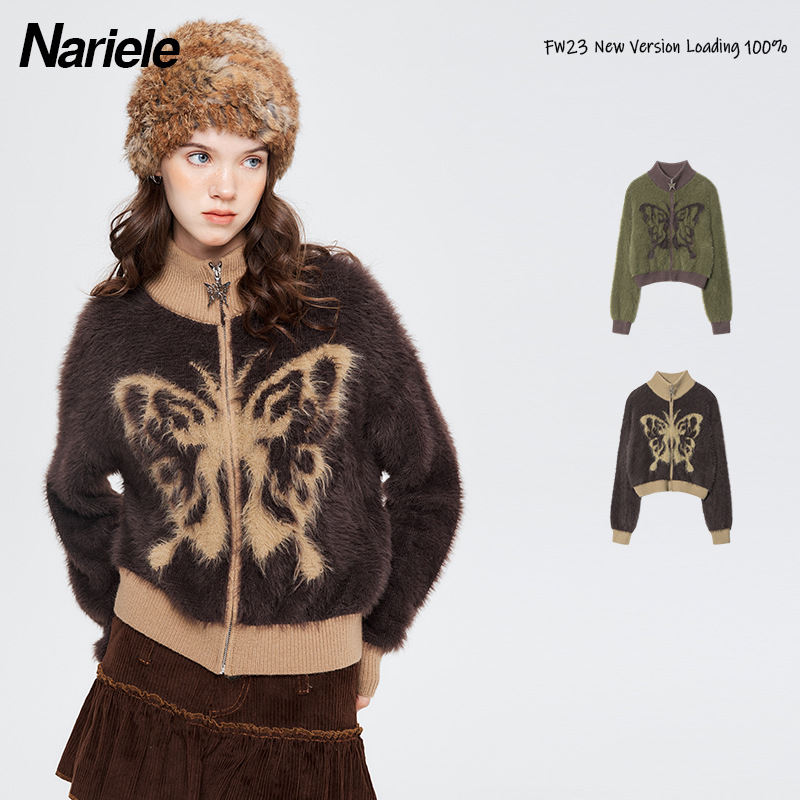 HeyHenry Maillard Mohair Cardigan Collo Alto Autunno/Inverno Farfalla Ricamo Cerniera Maglione Ragazza Spicy_voghion.com