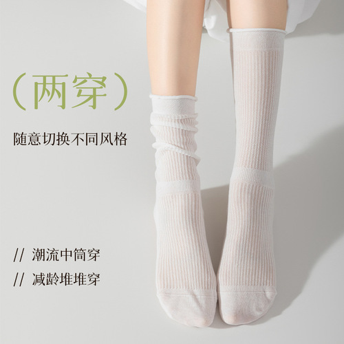 袜子女中筒袜夏季薄款花边网眼镂空夏天月子棉袜长筒春秋堆堆长袜