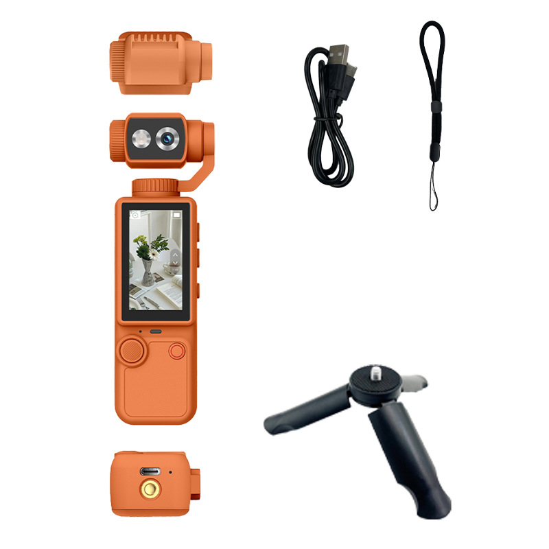 Cámara de movimiento de mano naranja Q8 con soporte + cuerda + cable de datos