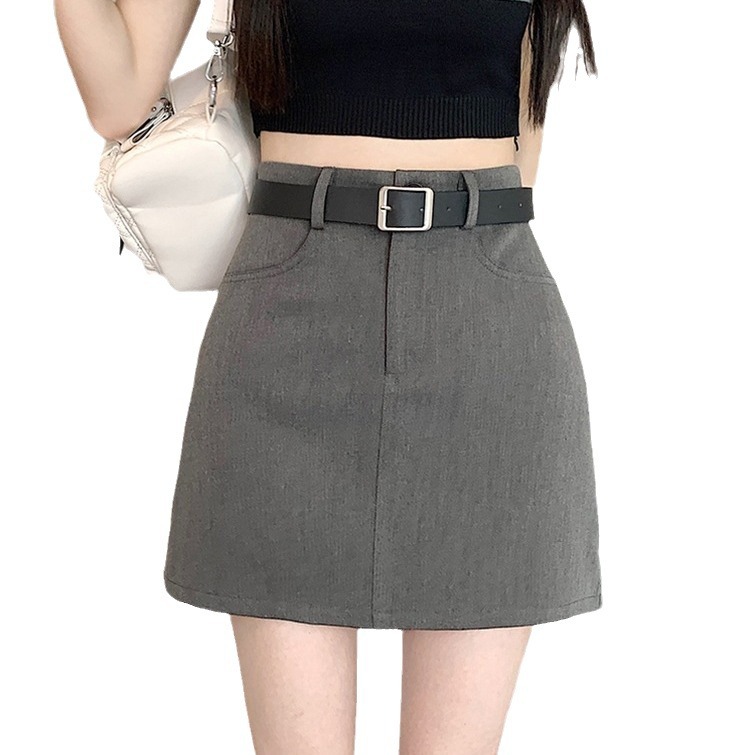 Slimming Hip Skirt Women's Anti-glare A- line Skirt Temperament Autumn and Winter High Waist Slim-fit Slimming Skirt Black Grey