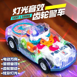 跨境儿童齿轮万向透明七彩灯光警车有声会动电动小汽车