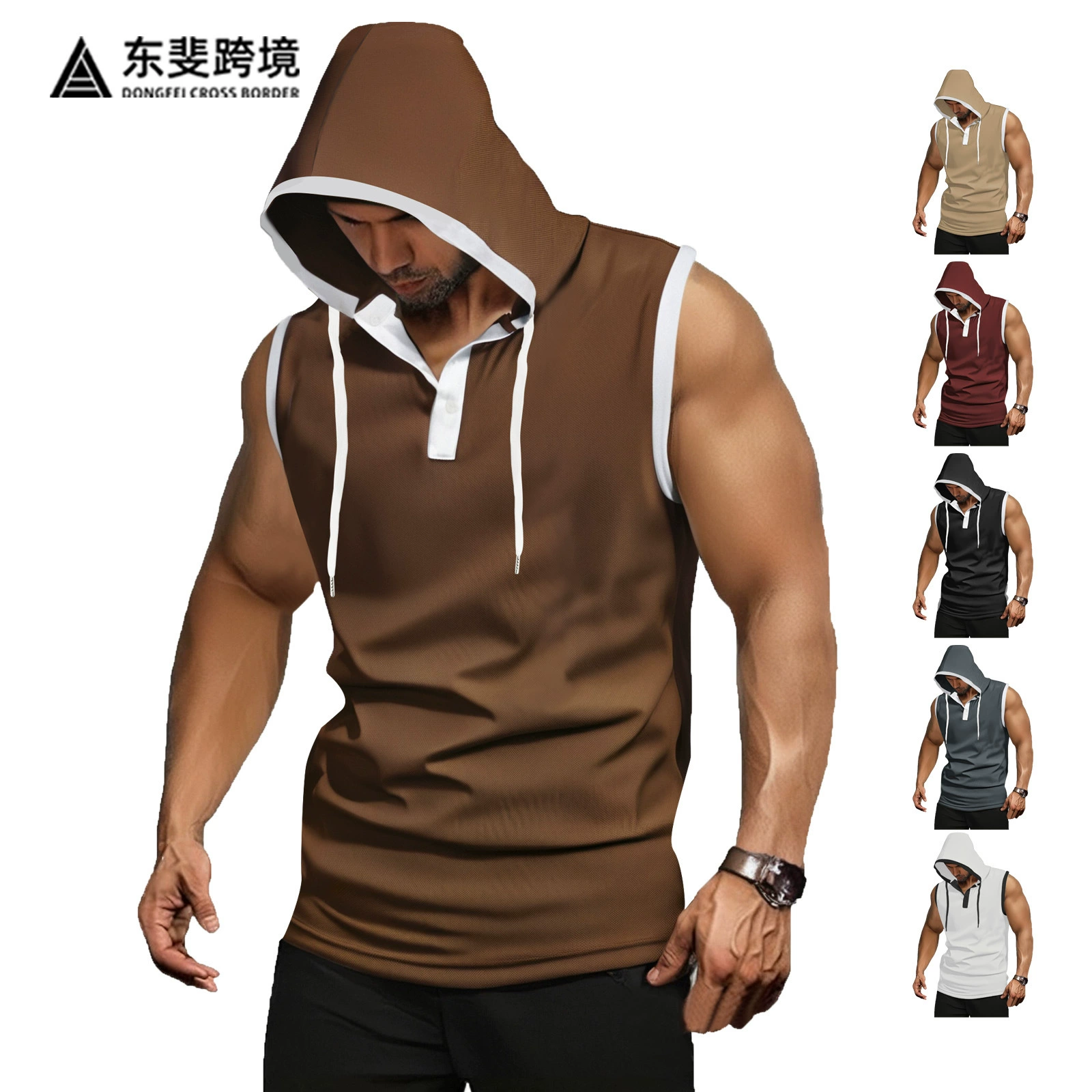 Мужская спортивная футболка-безрукавка с капюшоном, однотонная, быстросохнущая, для фитнеса, больших размеров, европейского и американского стиля, летняя, 2025 год