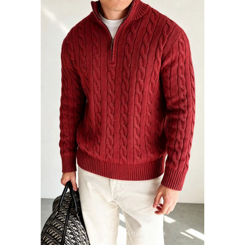 Retro half-zip stand-up collar knit sweater for men, slim-fit cable knit sweater, old money style vintage knit sweater for men