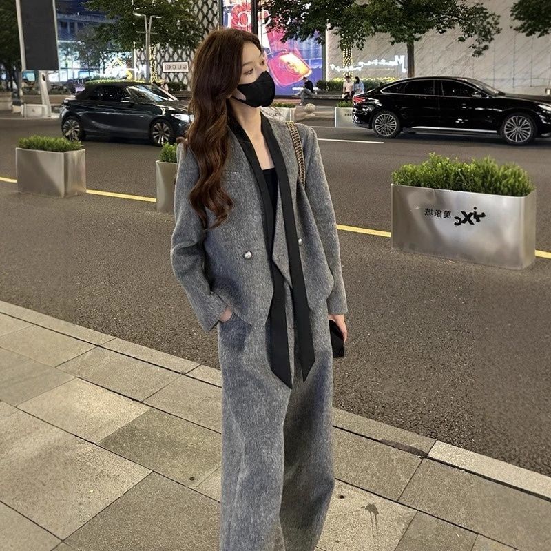 2025时尚高级设计飘带外套女休闲直筒裤秋冬季新款两件套套装韩版|undefined