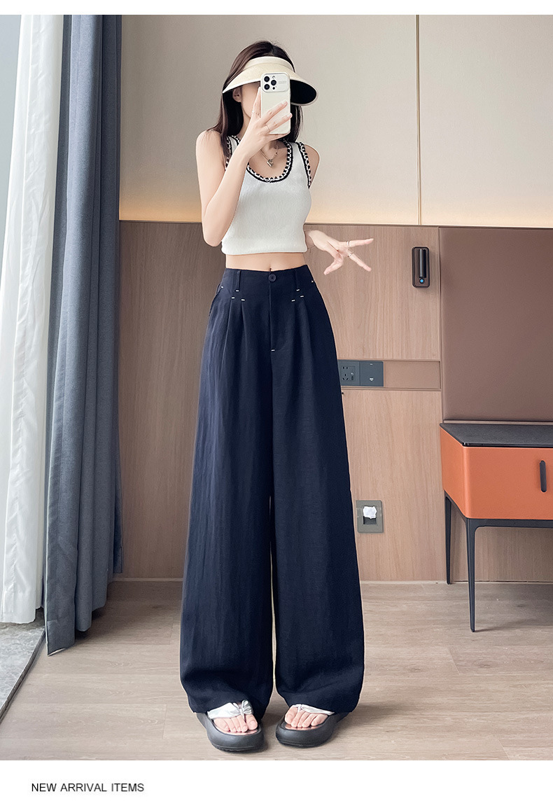 Quần ống rộng vải lụa băng đa năng nữ, phong cách sang trọng mỏng nhẹ mùa hè, quần ống đứng vải lanh Tencel — Màu xanh hải quân (kiểu thông thường) chi tiết 51