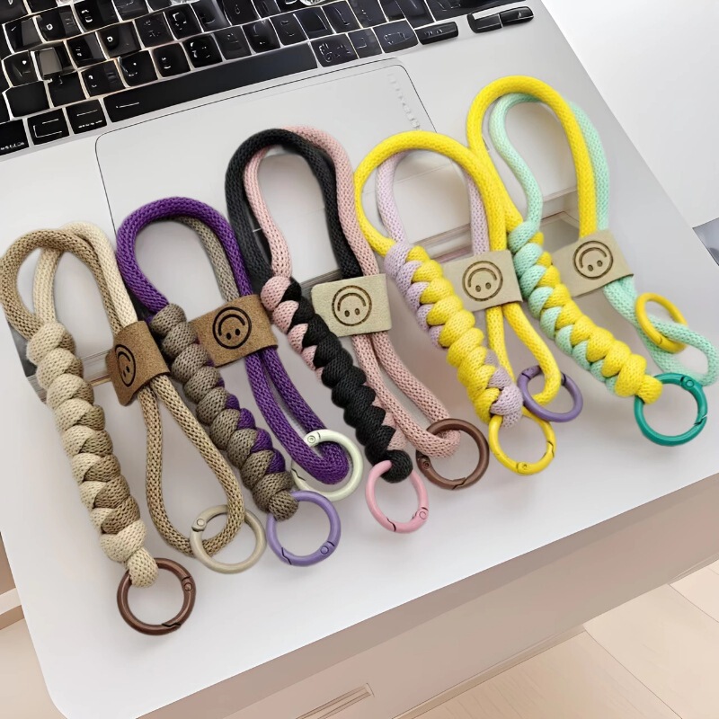 British Style Contrasting Color Woven Cotton Rope Mobile Phone Lanyard Short Hand-Held Pendant Anti-Fall Anti-Slip Wrist Strap Mobile Phone Chain for Women